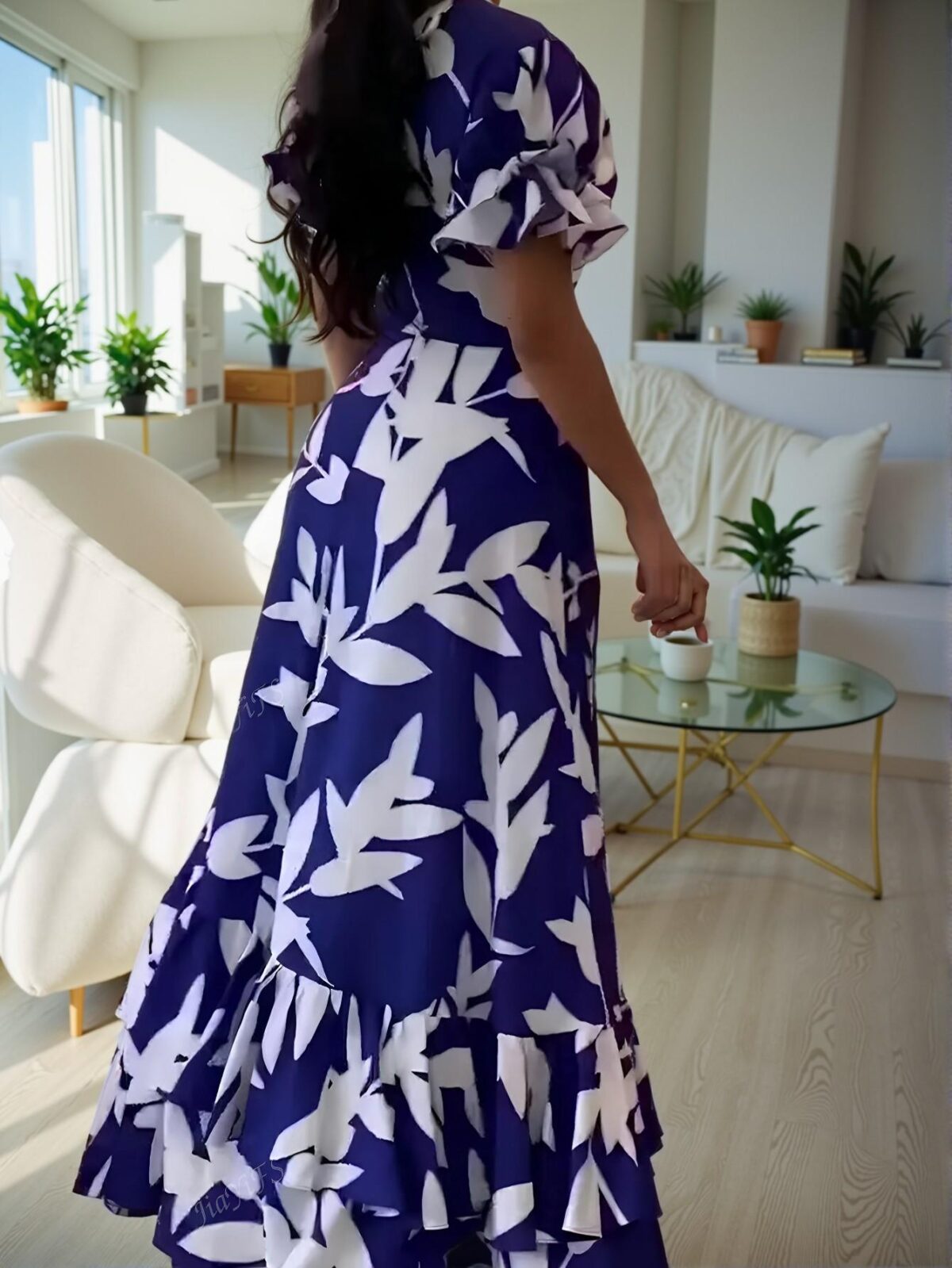 Elegant Royal Blue Floral Print V-Neck Dress with Puff Sleeves and Ruffle Hem for Effortless Spring to Autumn Style - Chic, Classy and Trendy Fashion to Dress to Impress - Image 3