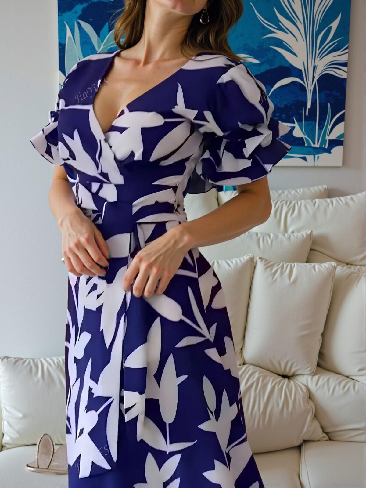 Elegant Royal Blue Floral Print V-Neck Dress with Puff Sleeves and Ruffle Hem for Effortless Spring to Autumn Style - Chic, Classy and Trendy Fashion to Dress to Impress - Image 4