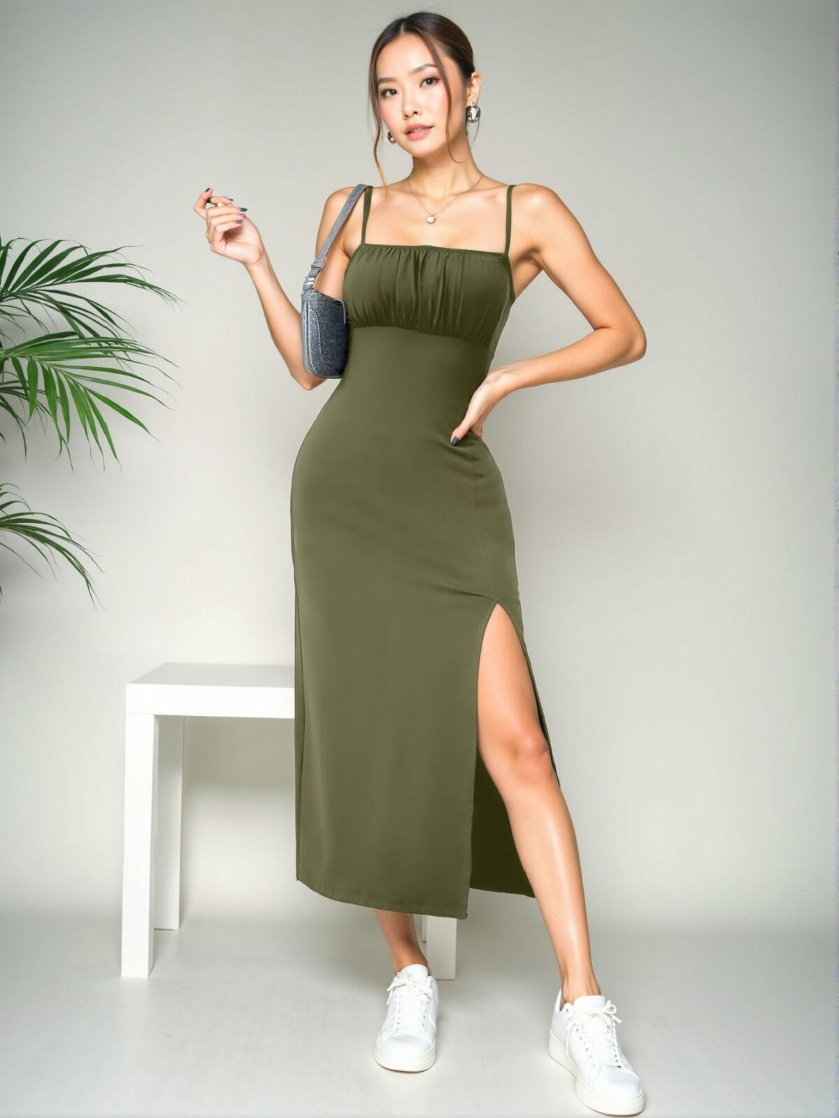 Elegant Army Green Stylish High Split Strap Midi Dress for Spring and Summer - Chic, Classy and Trendy Fashion Style to Dress to Impress