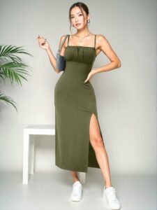 Elegant Army Green Stylish High Split Strap Midi Dress for Spring and Summer - Chic, Classy and Trendy Fashion Style to Dress to Impress