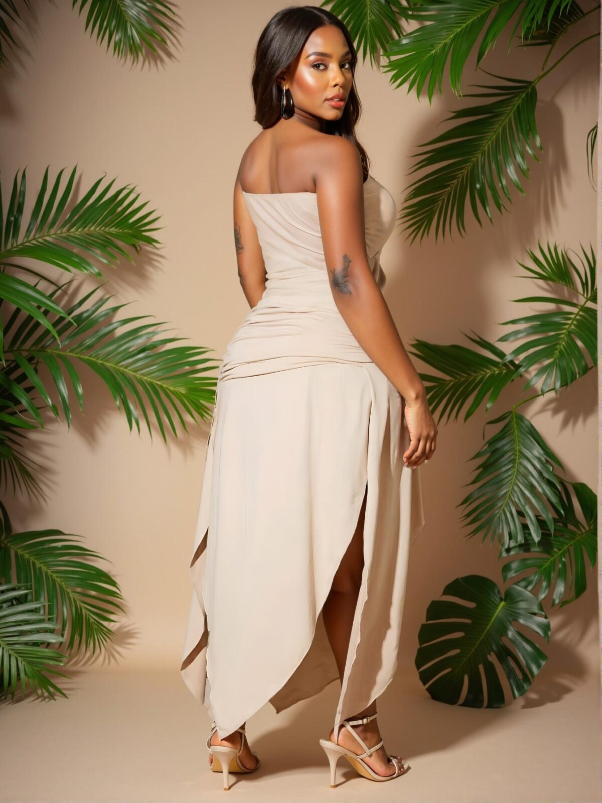Elegant Apricot Pleated High Slit Dress with Bandeau for Plus Sizes - Chic, Classy and Trendy Fashion Style to Dress to Impress - Image 2