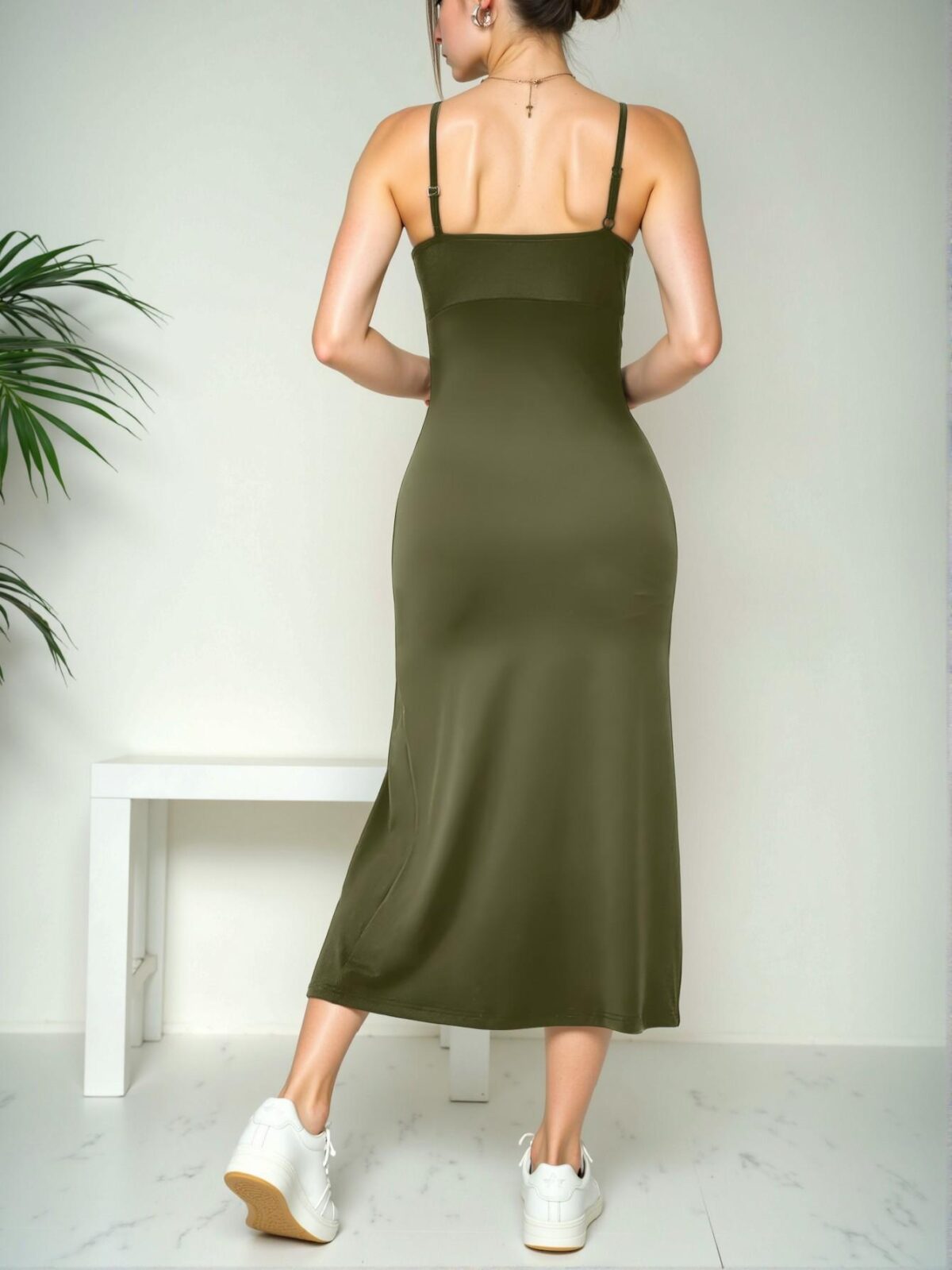 Elegant Army Green Stylish High Split Strap Midi Dress for Spring and Summer - Chic, Classy and Trendy Fashion Style to Dress to Impress - Image 2