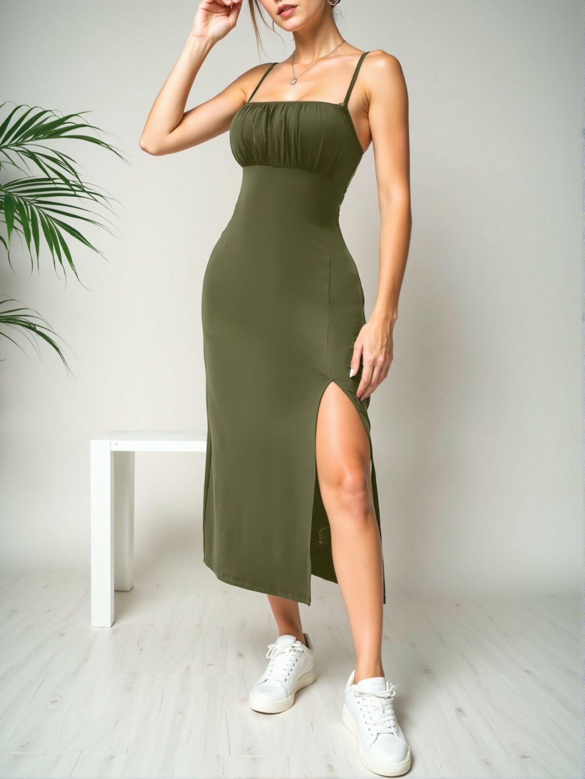 Elegant Army Green Stylish High Split Strap Midi Dress for Spring and Summer - Chic, Classy and Trendy Fashion Style to Dress to Impress - Image 3