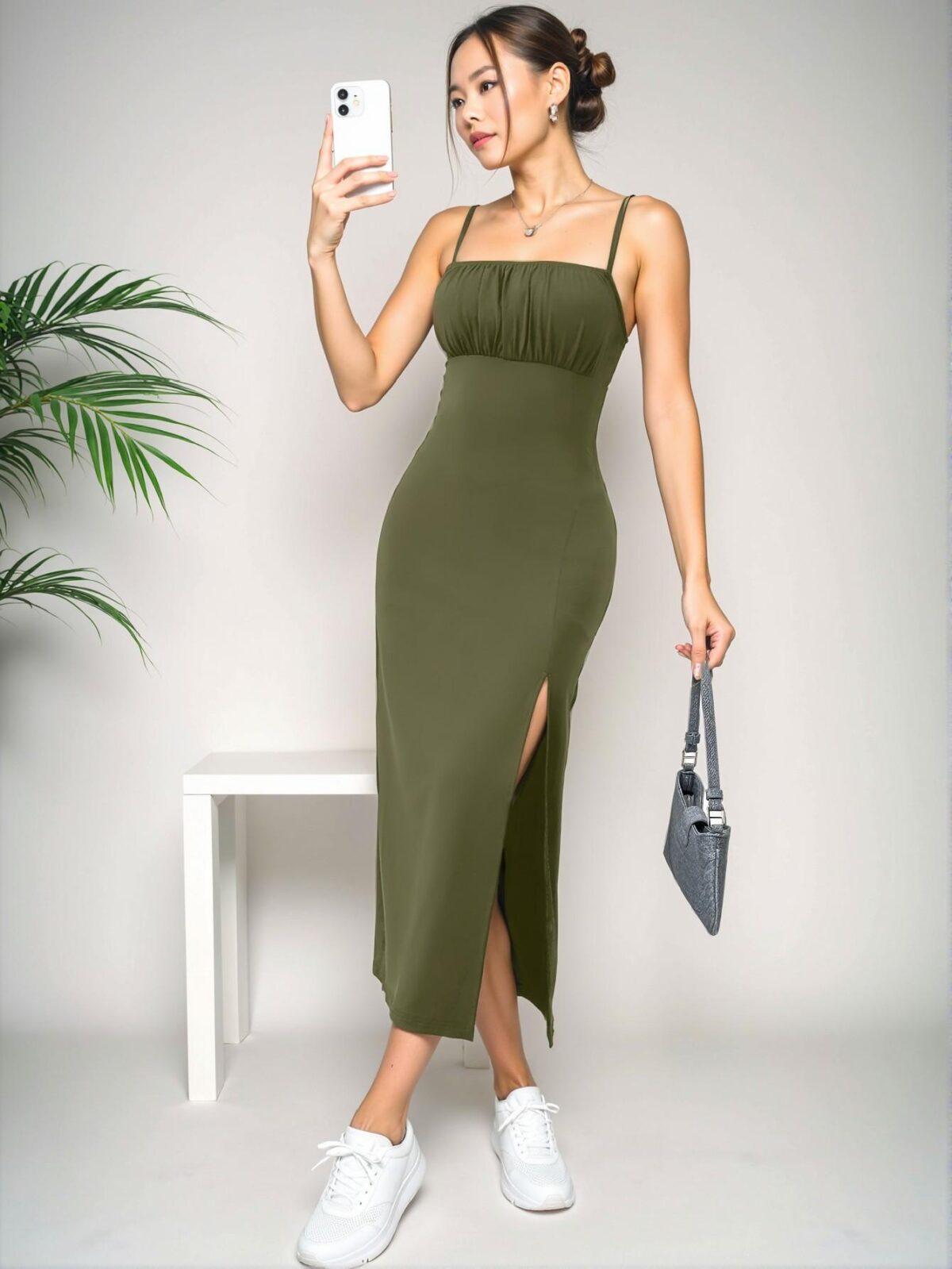 Elegant Army Green Stylish High Split Strap Midi Dress for Spring and Summer - Chic, Classy and Trendy Fashion Style to Dress to Impress - Image 4