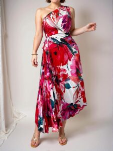 Elegant Multicolor Stylish Plus Size Floral Print Asymmetrical Ruffle Hem Dress with Cinched Waist for a Chic Summer Look – Perfectly Trendy Fashion to Dress to Impress