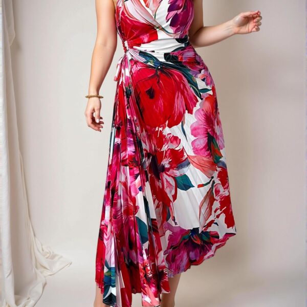 Elegant Multicolor Stylish Plus Size Floral Print Asymmetrical Ruffle Hem Dress with Cinched Waist for a Chic Summer Look – Perfectly Trendy Fashion to Dress to Impress