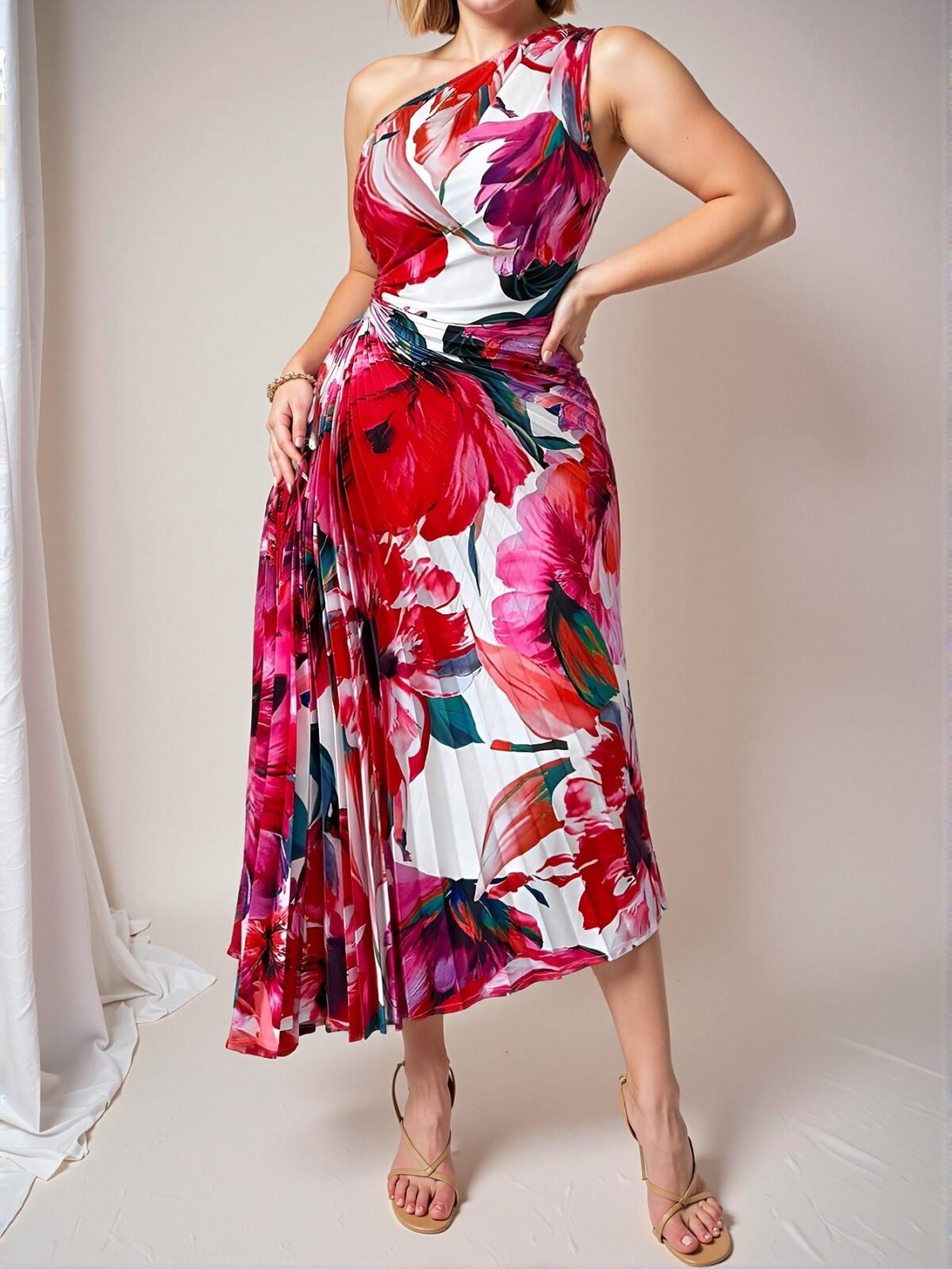 Elegant Multicolor Stylish Plus Size Floral Print Asymmetrical Ruffle Hem Dress with Cinched Waist for a Chic Summer Look – Perfectly Trendy Fashion to Dress to Impress - Image 4