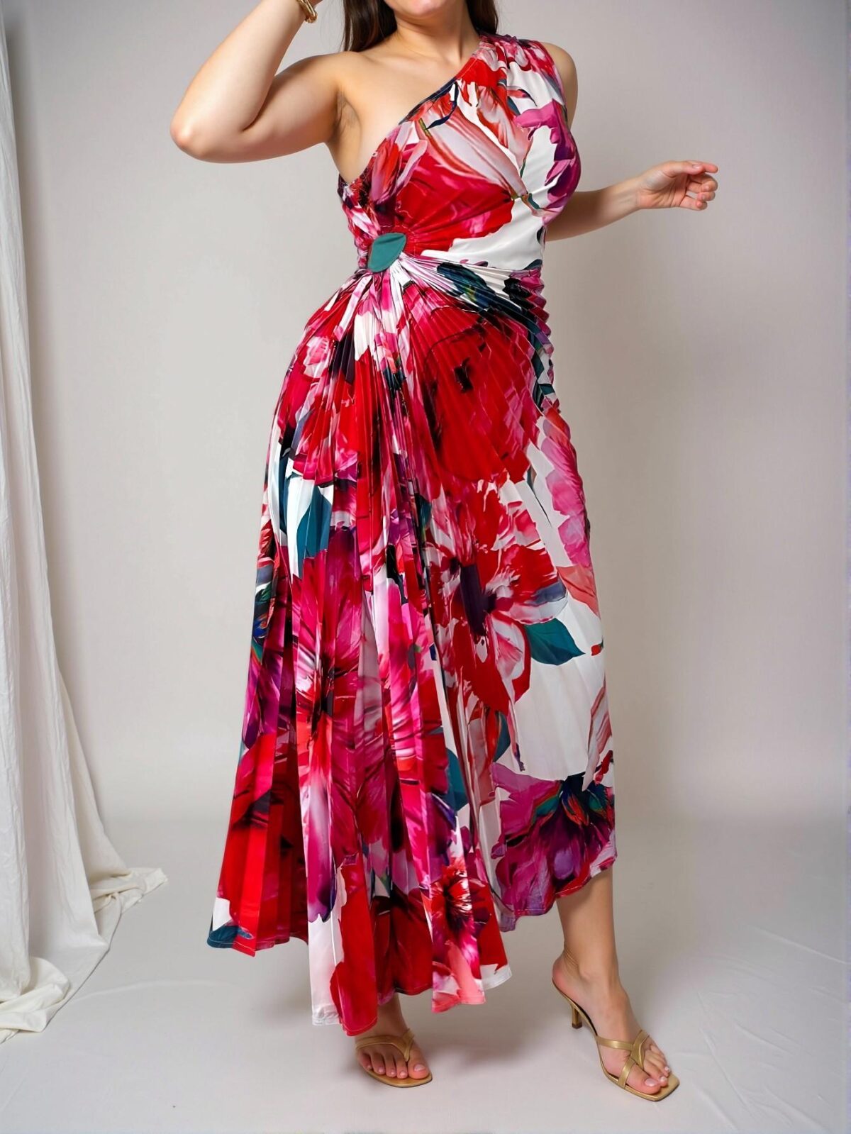 Elegant Multicolor Stylish Plus Size Floral Print Asymmetrical Ruffle Hem Dress with Cinched Waist for a Chic Summer Look – Perfectly Trendy Fashion to Dress to Impress - Image 5