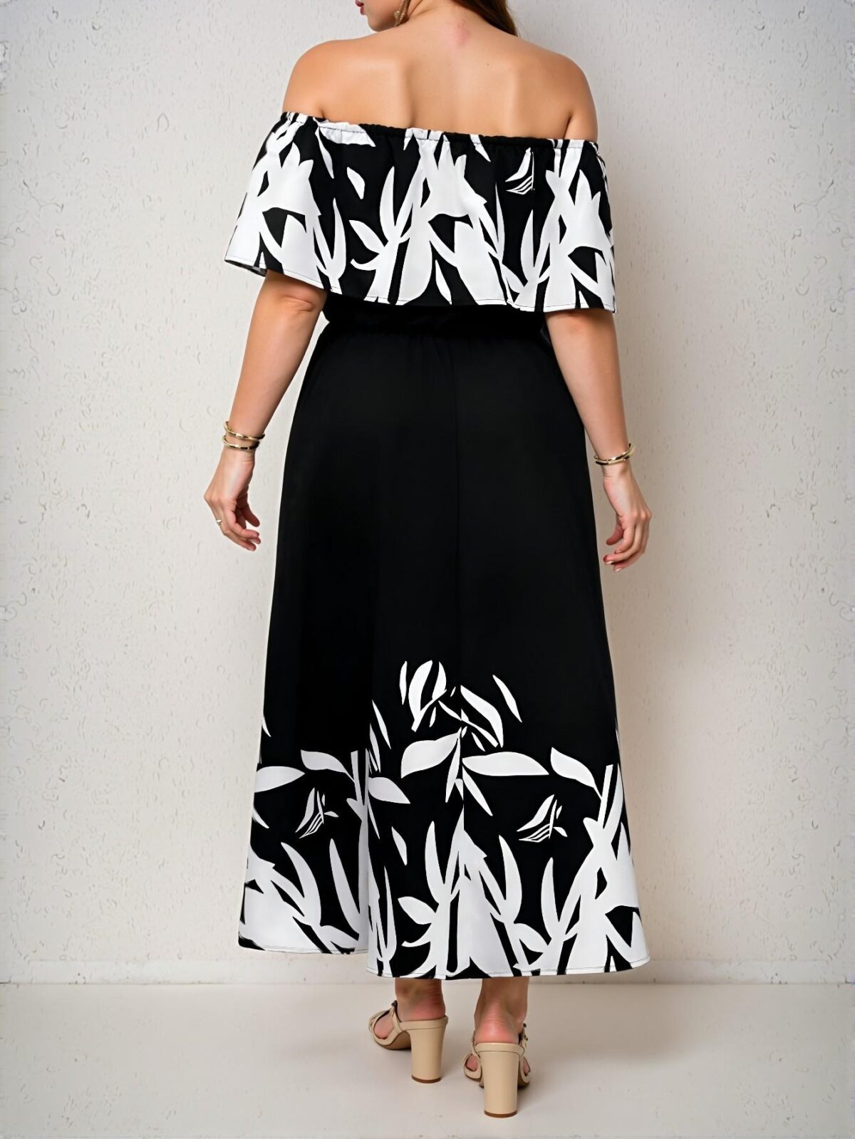 Elegant Black and White Off-Shoulder Ruffle Dress with Flared Hem for a Stylish Vacation Look - Chic, Classy and Trendy Fashion Style to Dress to Impress - Image 2
