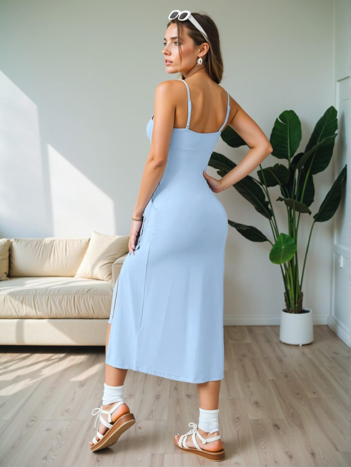 Elegant Blue Pleated Cami Dress with High Slit and Backless Design for Spring and Summer - Chic, Classy and Trendy Fashion Style to Dress to Impress - Image 2