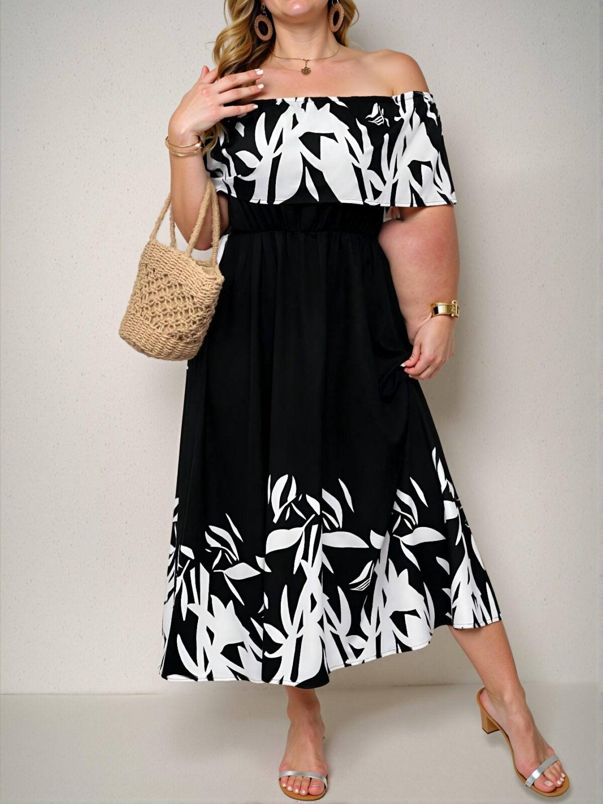 Elegant Black and White Off-Shoulder Ruffle Dress with Flared Hem for a Stylish Vacation Look - Chic, Classy and Trendy Fashion Style to Dress to Impress - Image 3