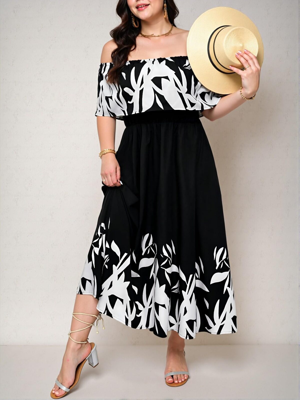 Elegant Black and White Off-Shoulder Ruffle Dress with Flared Hem for a Stylish Vacation Look - Chic, Classy and Trendy Fashion Style to Dress to Impress - Image 4