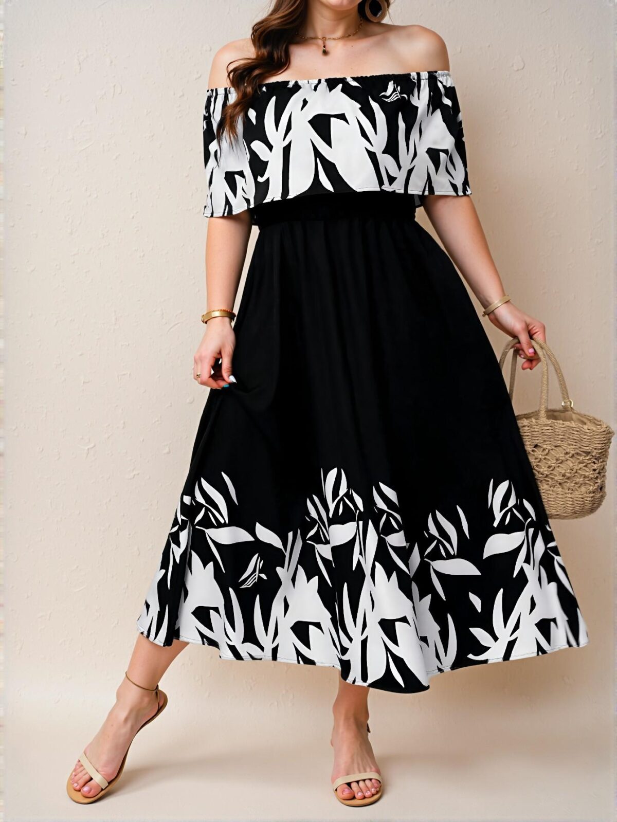 Elegant Black and White Off-Shoulder Ruffle Dress with Flared Hem for a Stylish Vacation Look - Chic, Classy and Trendy Fashion Style to Dress to Impress - Image 5