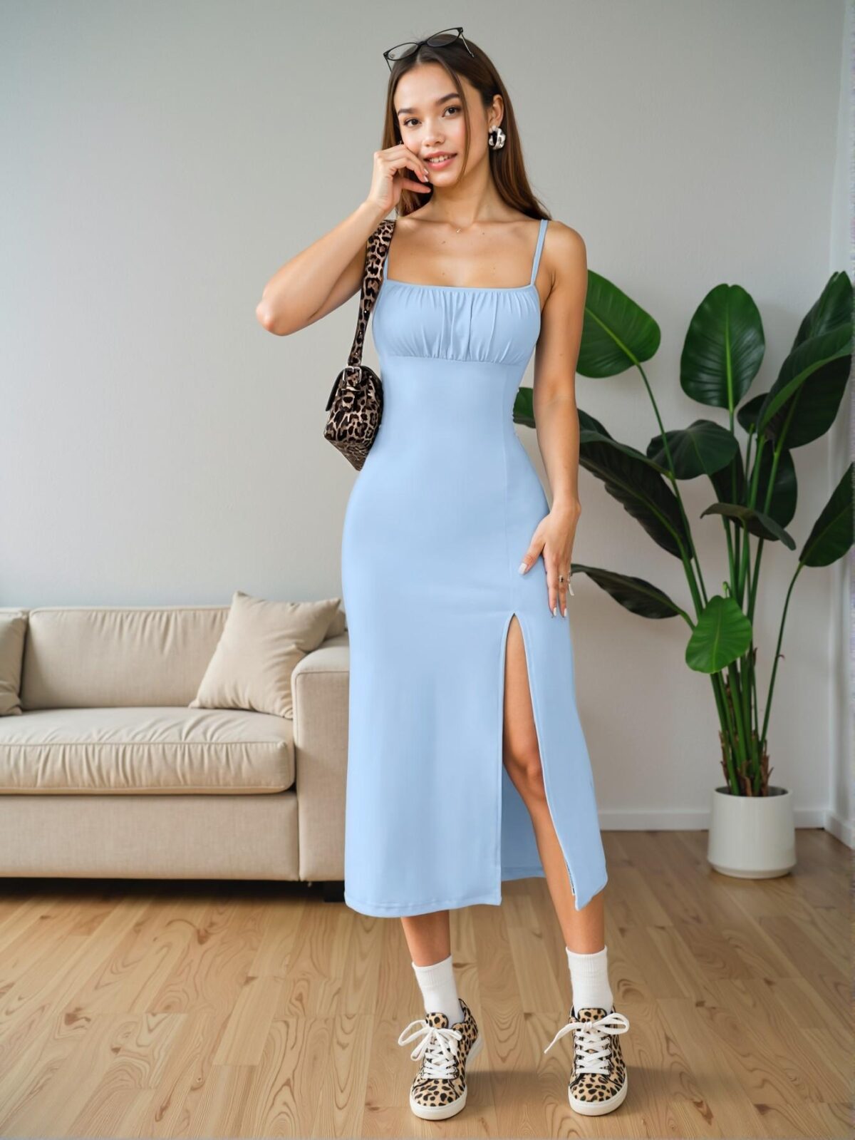 Elegant Blue Pleated Cami Dress with High Slit and Backless Design for Spring and Summer - Chic, Classy and Trendy Fashion Style to Dress to Impress - Image 4