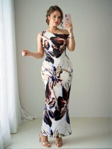 Elegant Apricot "Retro Floral Print Off-Shoulder Sleeveless Bodycon Dress with Pleated Detailing" Chic, Classy and Trendy Fashion Style to Dress to Impress