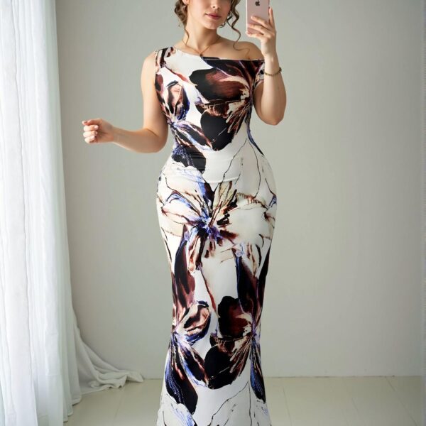 Elegant Apricot "Retro Floral Print Off-Shoulder Sleeveless Bodycon Dress with Pleated Detailing" Chic, Classy and Trendy Fashion Style to Dress to Impress