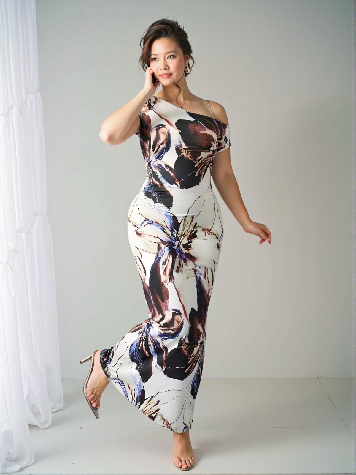 Elegant Apricot "Retro Floral Print Off-Shoulder Sleeveless Bodycon Dress with Pleated Detailing" Chic, Classy and Trendy Fashion Style to Dress to Impress - Image 3