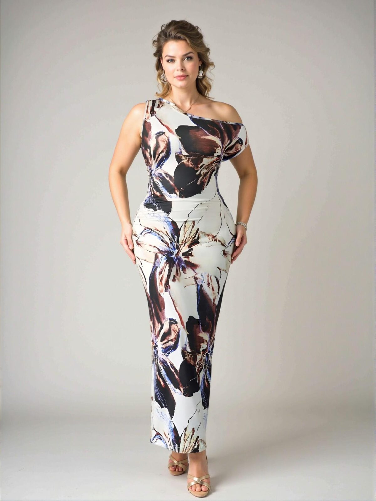 Elegant Apricot "Retro Floral Print Off-Shoulder Sleeveless Bodycon Dress with Pleated Detailing" Chic, Classy and Trendy Fashion Style to Dress to Impress - Image 4
