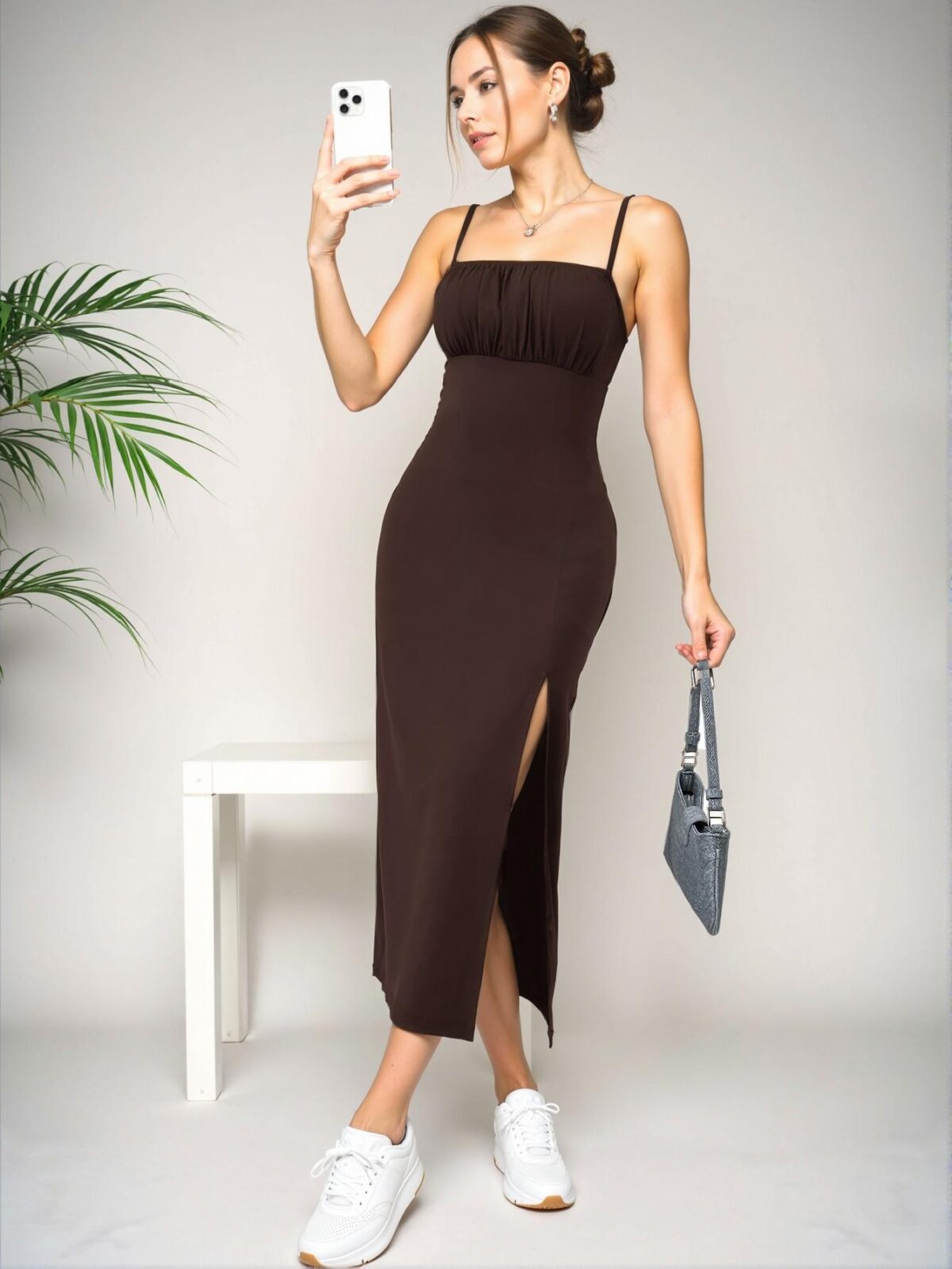 Elegant Brown Cami Dress with Split Thigh for Spring and Summer - Chic, Classy and Trendy Fashion Style to Dress to Impress - Image 4