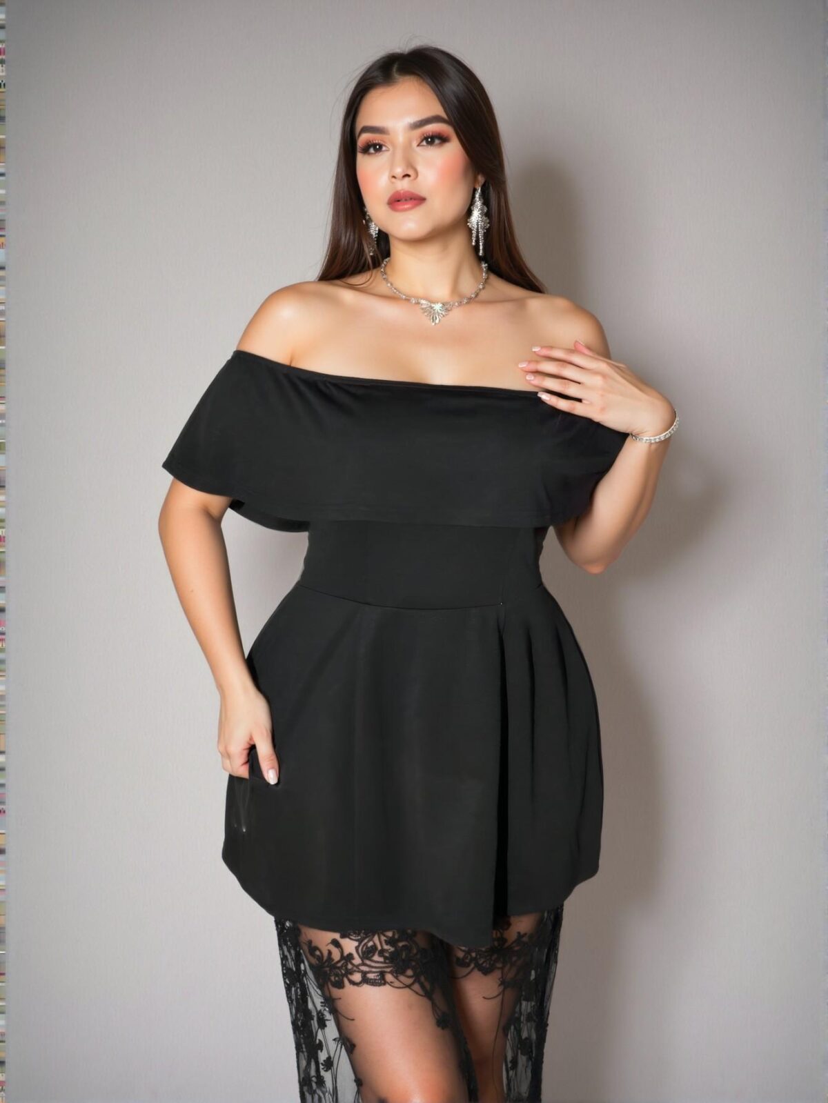 Elegant Black Off Shoulder Lace Patchwork A-Line Dress for Plus Size Women – Chic, Classy and Trendy Fashion Style to Dress to Impress - Image 2