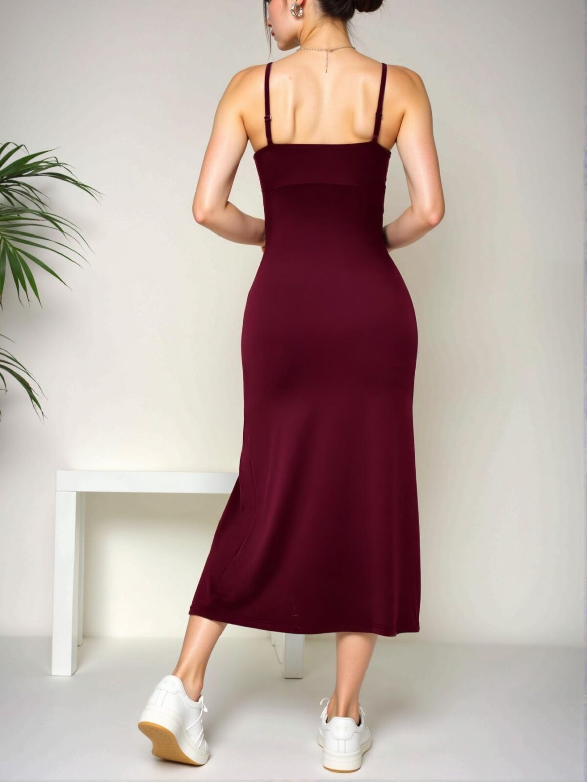 Elegant Burgundy Cami Dress with Split Hem and Ruched Bust for Spring and Summer - Chic, Classy and Trendy Fashion Style to Dress to Impress - Image 2