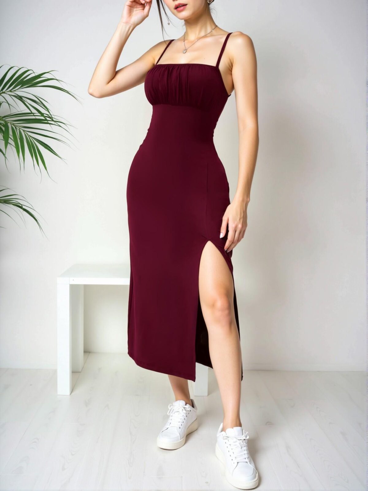 Elegant Burgundy Cami Dress with Split Hem and Ruched Bust for Spring and Summer - Chic, Classy and Trendy Fashion Style to Dress to Impress - Image 3