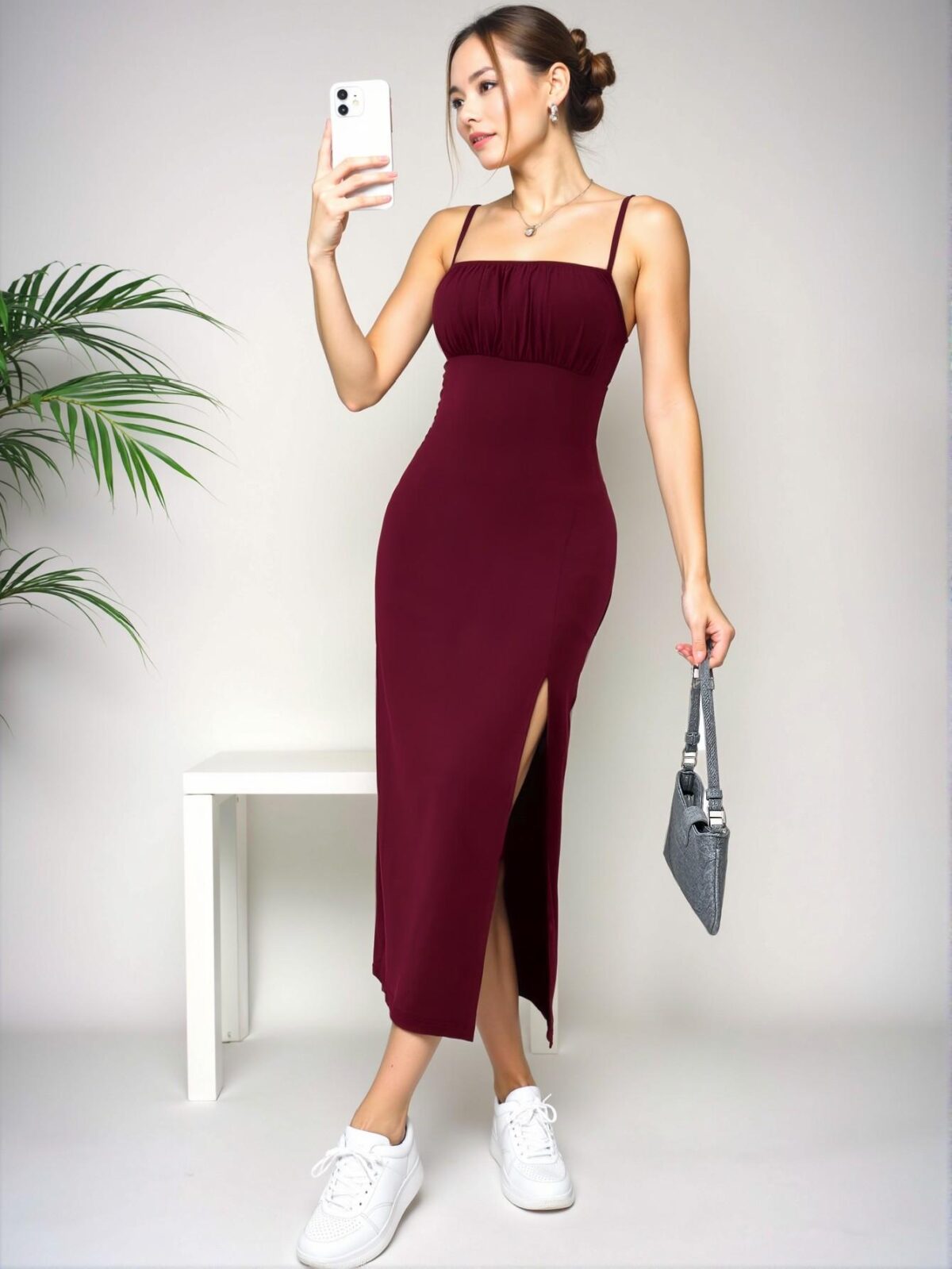 Elegant Burgundy Cami Dress with Split Hem and Ruched Bust for Spring and Summer - Chic, Classy and Trendy Fashion Style to Dress to Impress - Image 4