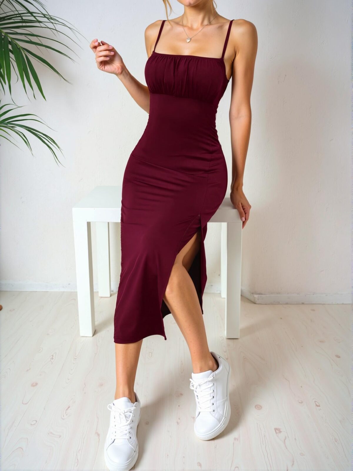 Elegant Burgundy Cami Dress with Split Hem and Ruched Bust for Spring and Summer - Chic, Classy and Trendy Fashion Style to Dress to Impress - Image 5