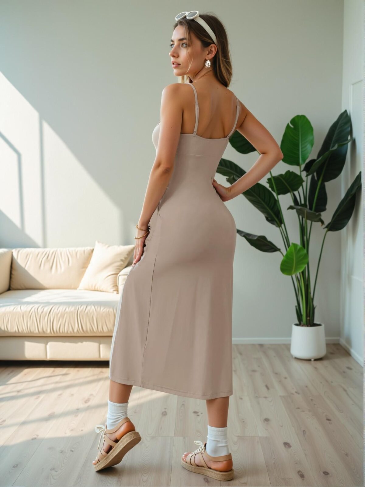 Elegant Khaki Casual High Slit Cami Midi Dress With Pleated Details for Spring and Summer - Chic, Classy and Trendy Fashion Style to Dress to Impress - Image 2