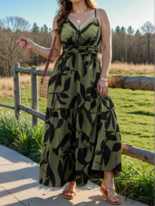 Elegant Army Green Plus Size Women's Sleeveless Bohemian Floral Midi Dress with Ruffled Tiered Hem, Perfect for Holiday, Vacation, or Commute. Chic, Classy and Trendy Fashion Style to Dress to Impress.