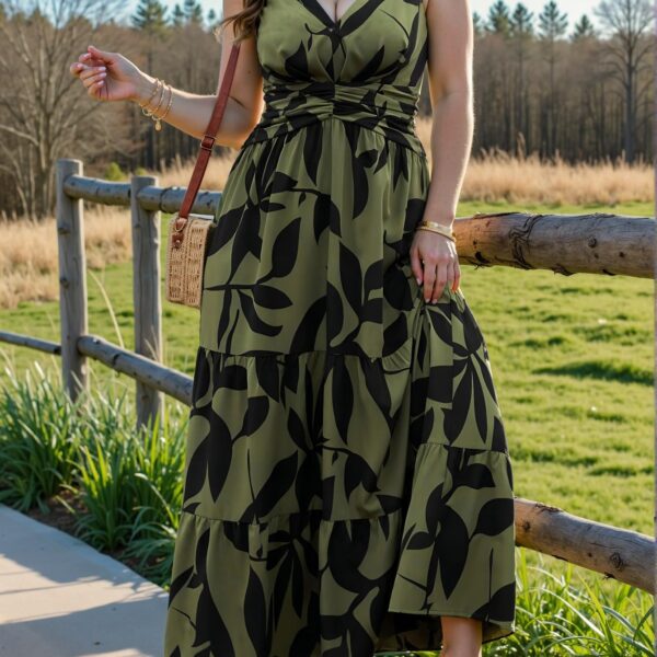 Elegant Army Green Plus Size Women's Sleeveless Bohemian Floral Midi Dress with Ruffled Tiered Hem, Perfect for Holiday, Vacation, or Commute. Chic, Classy and Trendy Fashion Style to Dress to Impress.