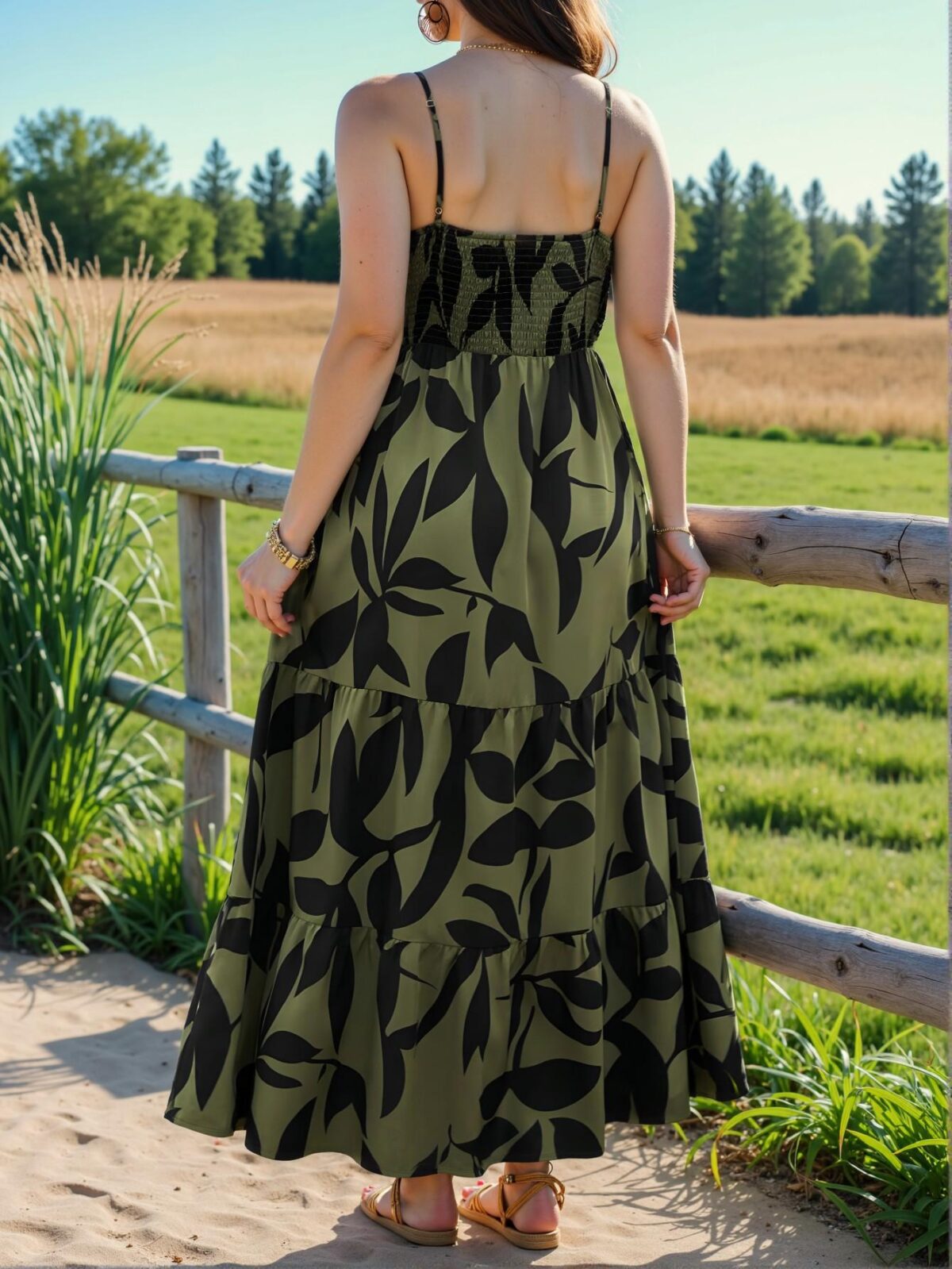 Elegant Army Green Plus Size Women's Sleeveless Bohemian Floral Midi Dress with Ruffled Tiered Hem, Perfect for Holiday, Vacation, or Commute. Chic, Classy and Trendy Fashion Style to Dress to Impress. - Image 2