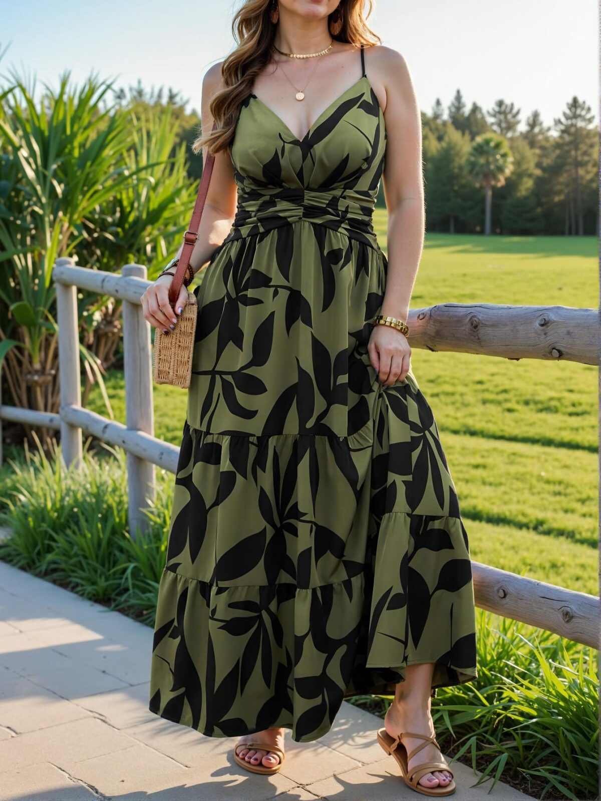 Elegant Army Green Plus Size Women's Sleeveless Bohemian Floral Midi Dress with Ruffled Tiered Hem, Perfect for Holiday, Vacation, or Commute. Chic, Classy and Trendy Fashion Style to Dress to Impress. - Image 3