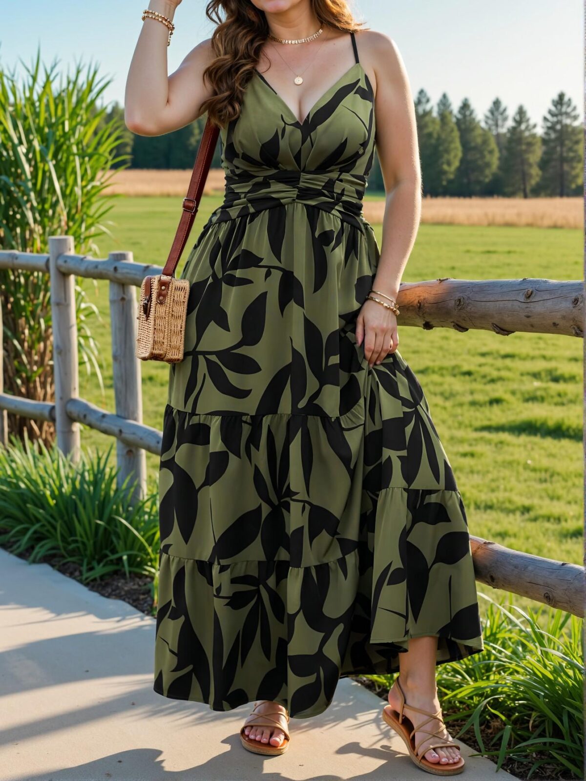 Elegant Army Green Plus Size Women's Sleeveless Bohemian Floral Midi Dress with Ruffled Tiered Hem, Perfect for Holiday, Vacation, or Commute. Chic, Classy and Trendy Fashion Style to Dress to Impress. - Image 4