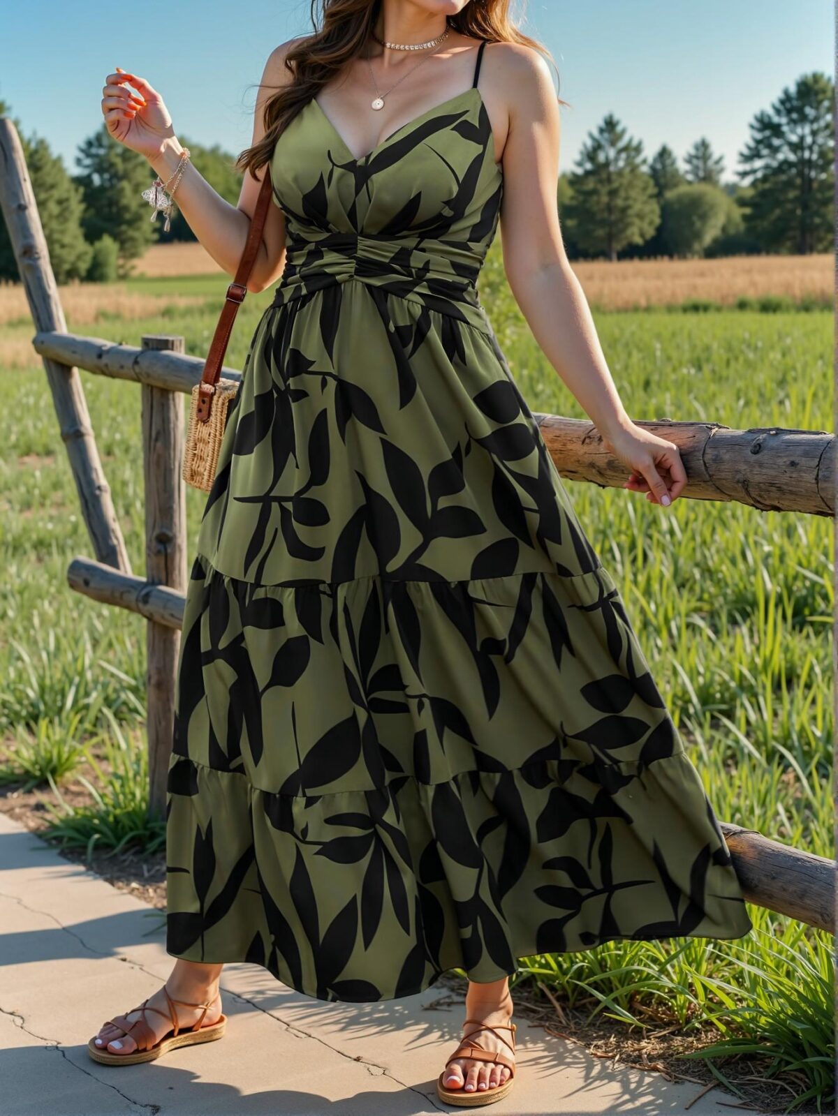 Elegant Army Green Plus Size Women's Sleeveless Bohemian Floral Midi Dress with Ruffled Tiered Hem, Perfect for Holiday, Vacation, or Commute. Chic, Classy and Trendy Fashion Style to Dress to Impress. - Image 5