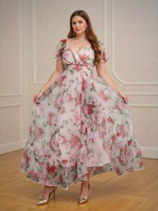 Elegant Pink Romantic Floral Print Puff Sleeve Maxi A-Line Dress with Ruffle Hem for Plus Size Women - Chic, Classy and Trendy Fashion Style to Dress to Impress