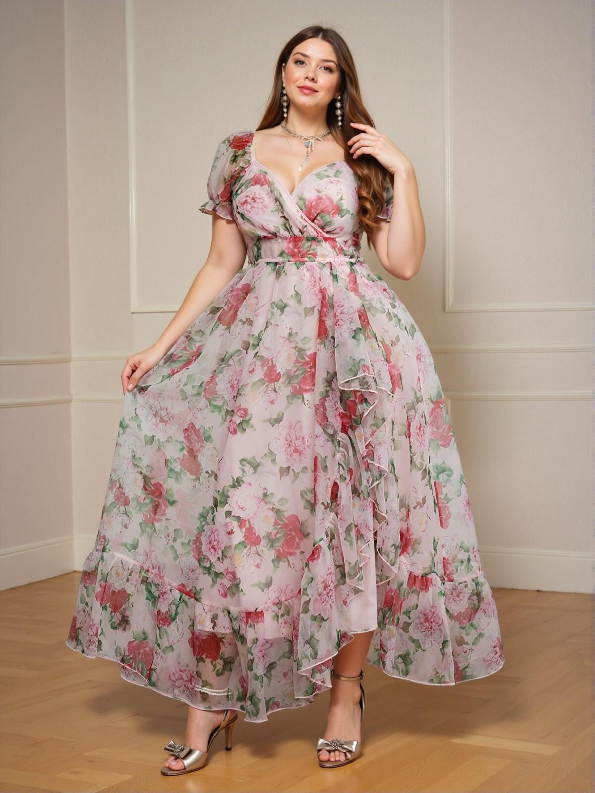 Elegant Pink Romantic Floral Print Puff Sleeve Maxi A-Line Dress with Ruffle Hem for Plus Size Women - Chic, Classy and Trendy Fashion Style to Dress to Impress - Image 4