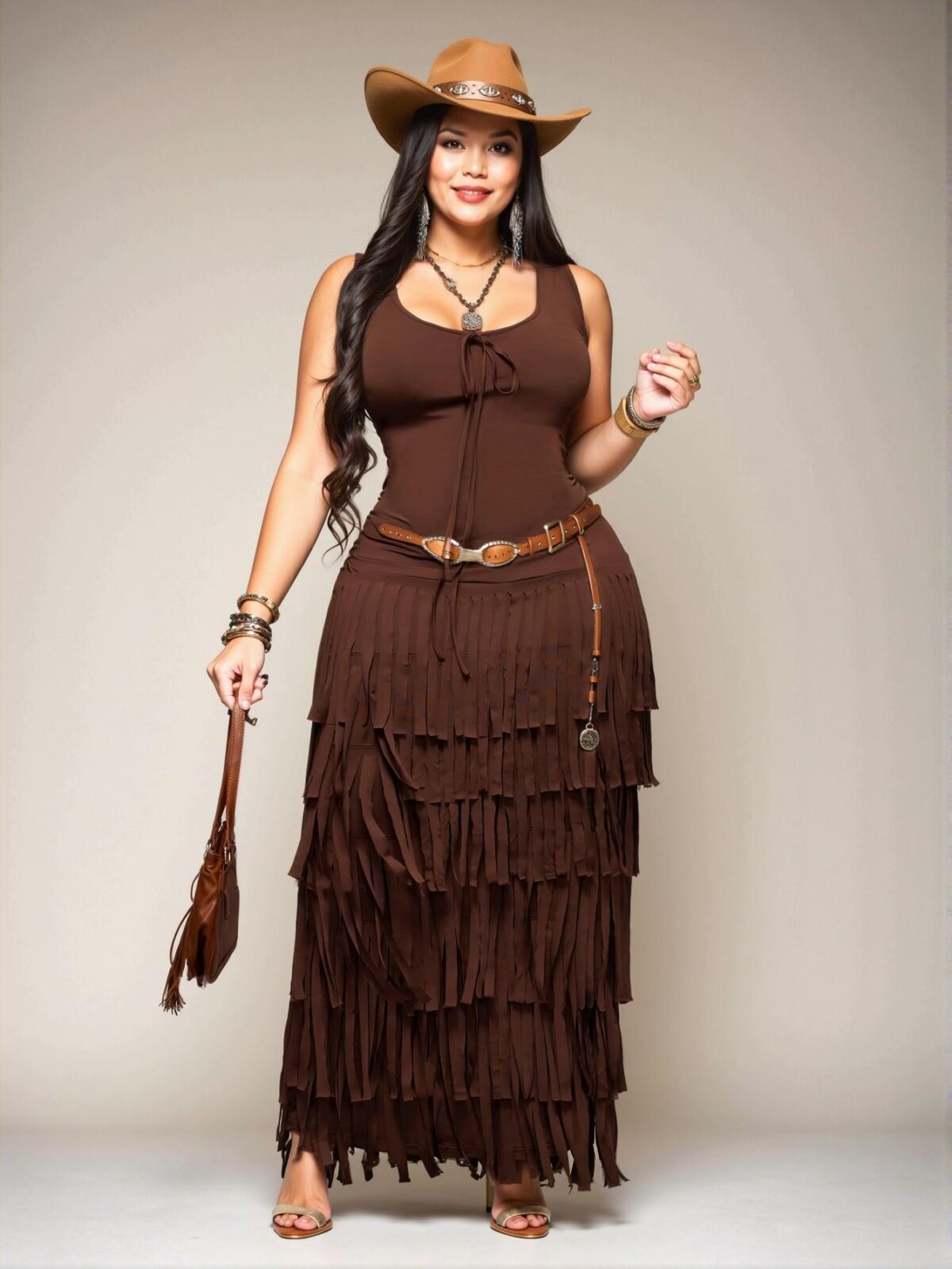 Elegant Brown Open Back Fringe Decor Maxi Dress for Plus Size Women - Casual, Chic, and Trendy Fashion to Dress to Impress
