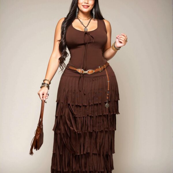 Elegant Brown Open Back Fringe Decor Maxi Dress for Plus Size Women - Casual, Chic, and Trendy Fashion to Dress to Impress