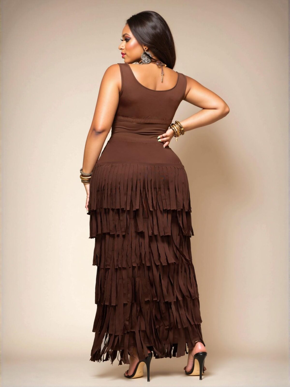 Elegant Brown Open Back Fringe Decor Maxi Dress for Plus Size Women - Casual, Chic, and Trendy Fashion to Dress to Impress - Image 2