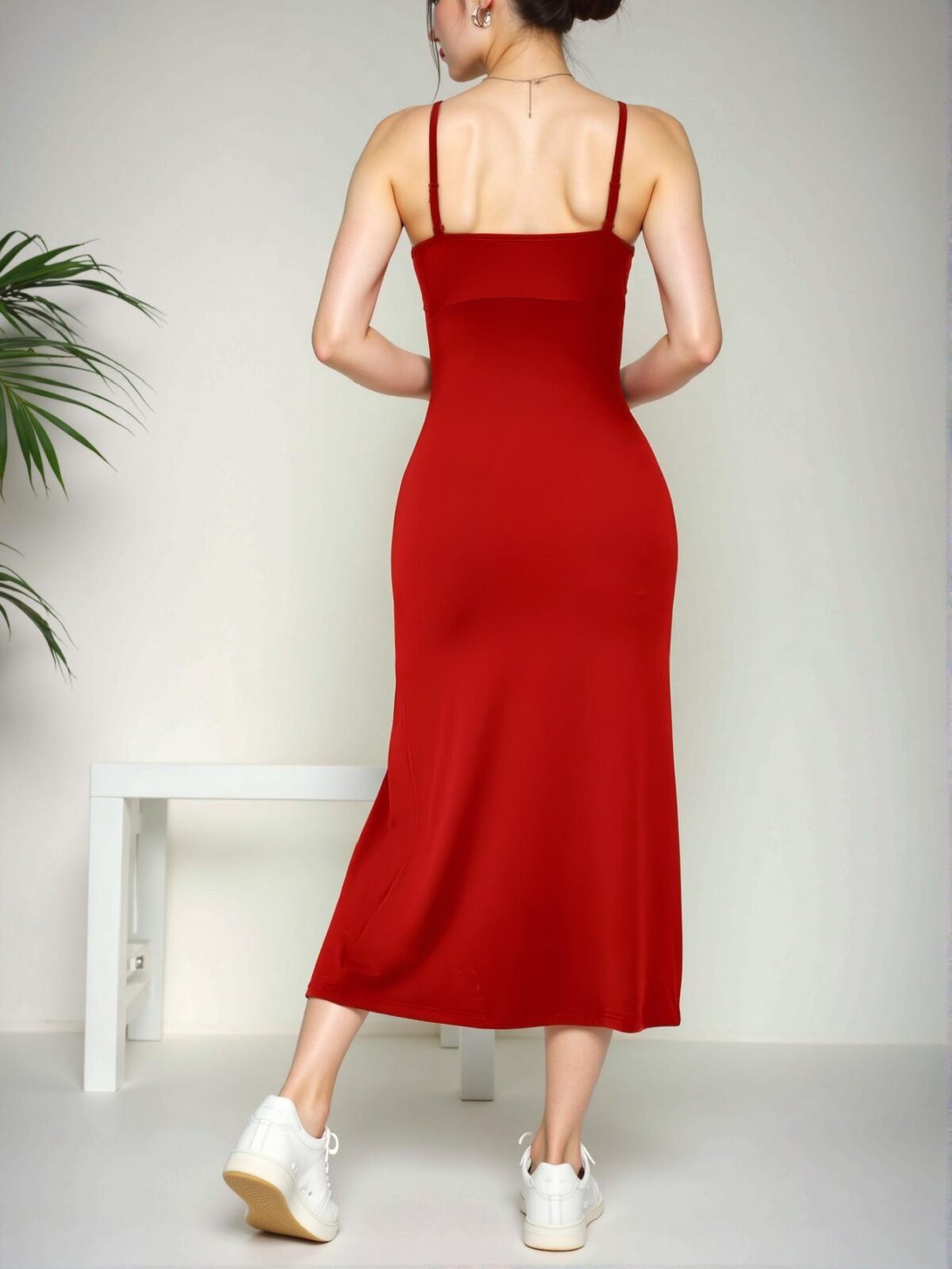 Elegant Red Pleated Spaghetti Strap High Side Slit Long Casual Dress for Spring and Summer – Chic, Classy, and Trendy Fashion Style to Dress to Impress - Image 2