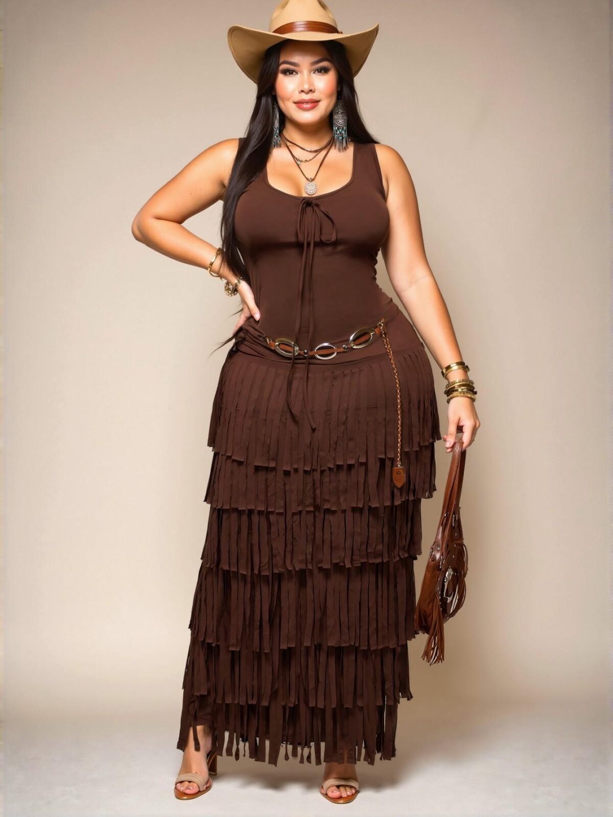 Elegant Brown Open Back Fringe Decor Maxi Dress for Plus Size Women - Casual, Chic, and Trendy Fashion to Dress to Impress - Image 3