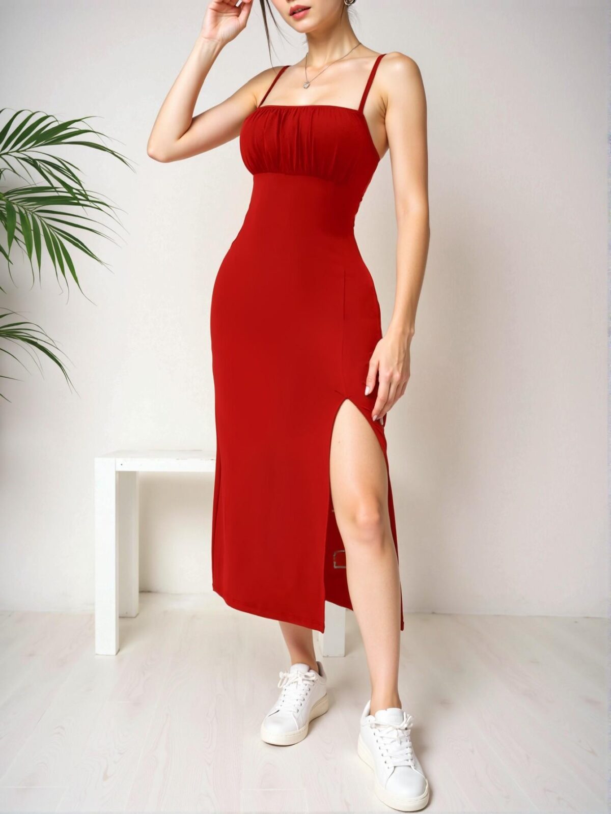 Elegant Red Pleated Spaghetti Strap High Side Slit Long Casual Dress for Spring and Summer – Chic, Classy, and Trendy Fashion Style to Dress to Impress - Image 3