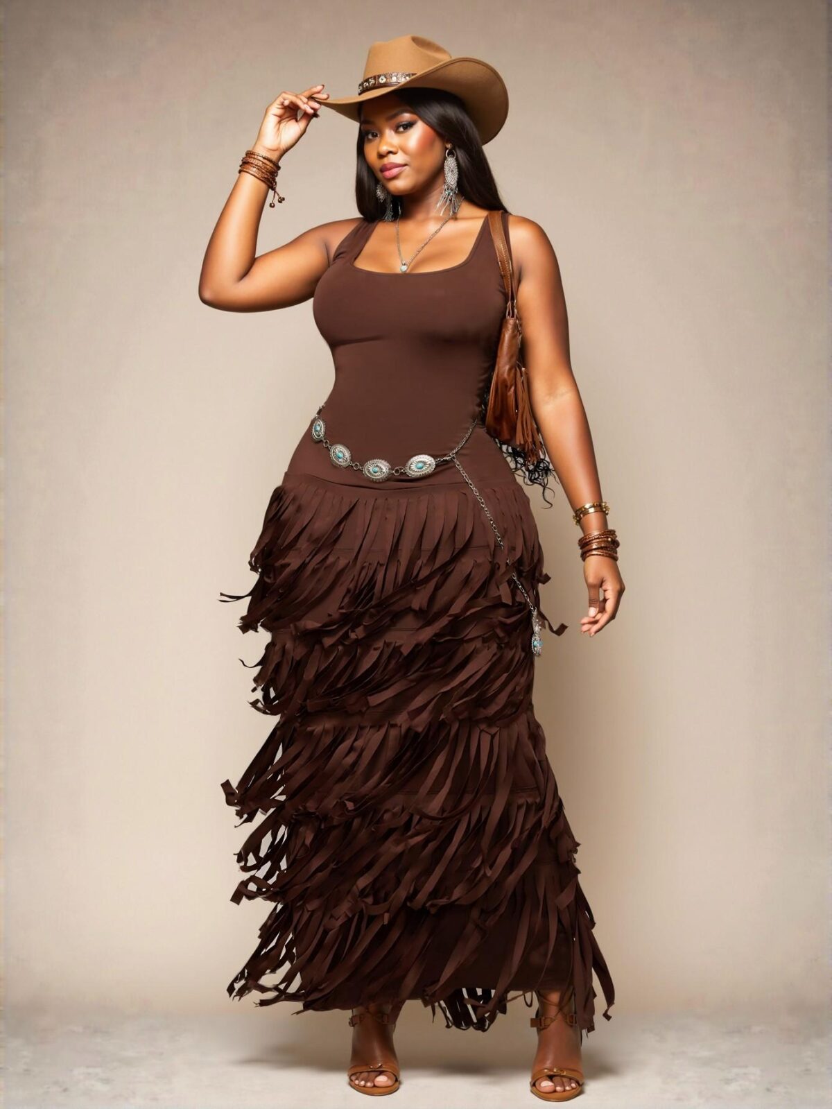 Elegant Brown Open Back Fringe Decor Maxi Dress for Plus Size Women - Casual, Chic, and Trendy Fashion to Dress to Impress - Image 4