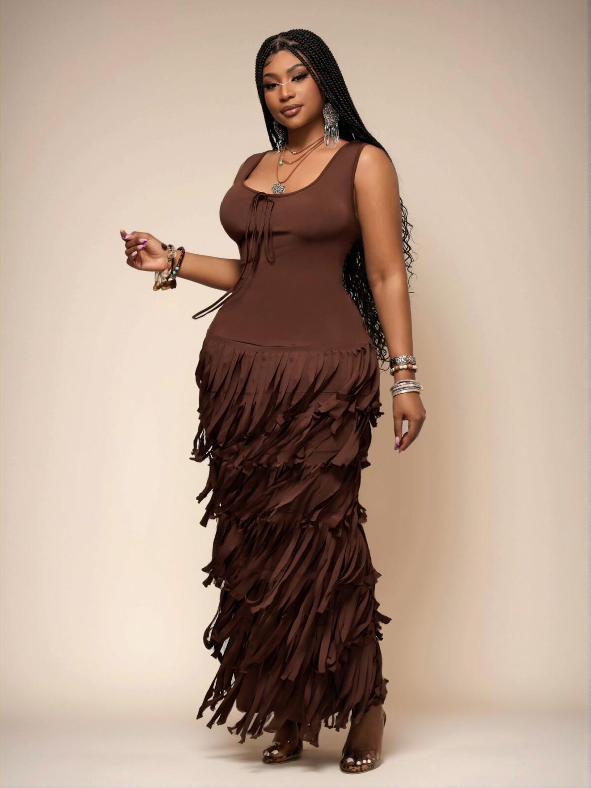 Elegant Brown Open Back Fringe Decor Maxi Dress for Plus Size Women - Casual, Chic, and Trendy Fashion to Dress to Impress - Image 5