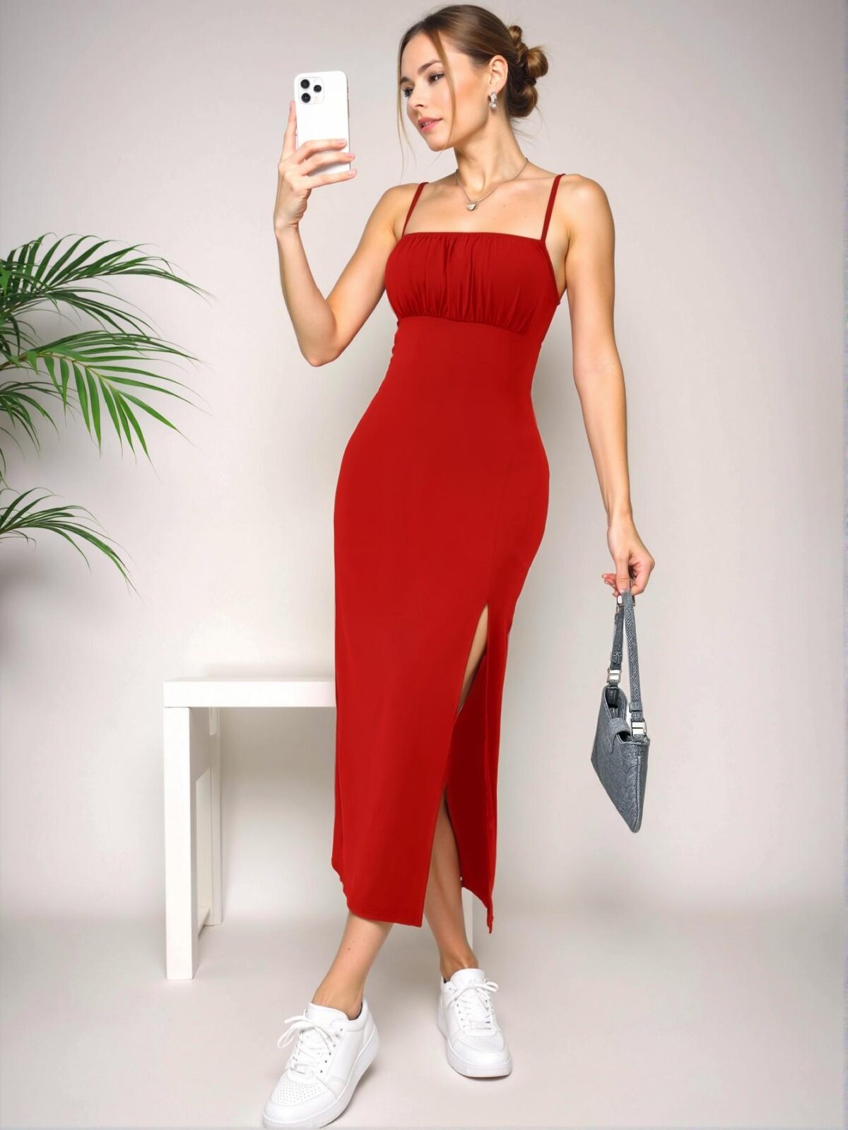 Elegant Red Pleated Spaghetti Strap High Side Slit Long Casual Dress for Spring and Summer – Chic, Classy, and Trendy Fashion Style to Dress to Impress - Image 4