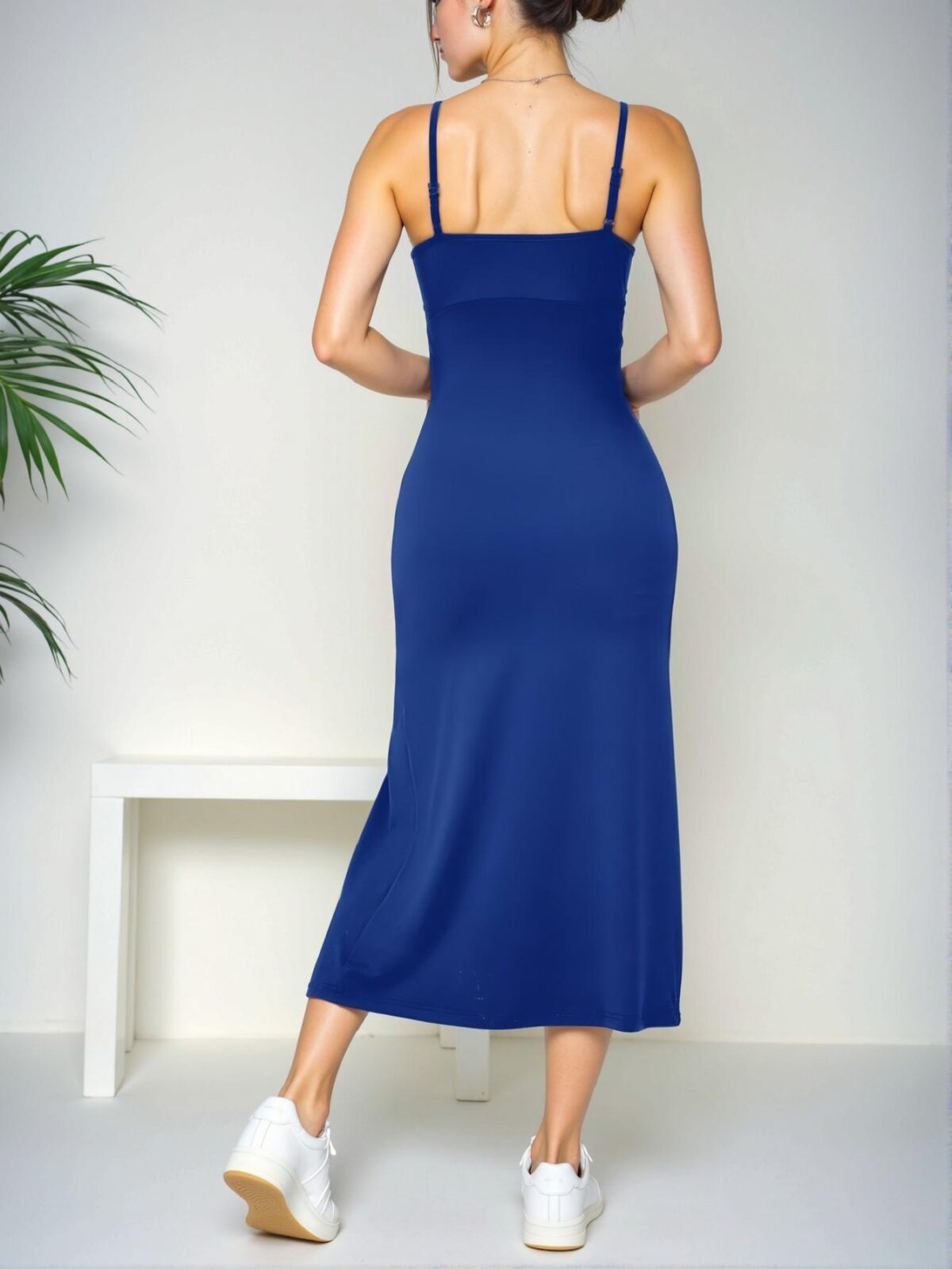 Elegant Royal Blue Casual Midi Spaghetti Strap Dress with Slit Hem for Spring and Summer – Chic, Classy and Trendy Fashion Style to Dress to Impress - Image 2