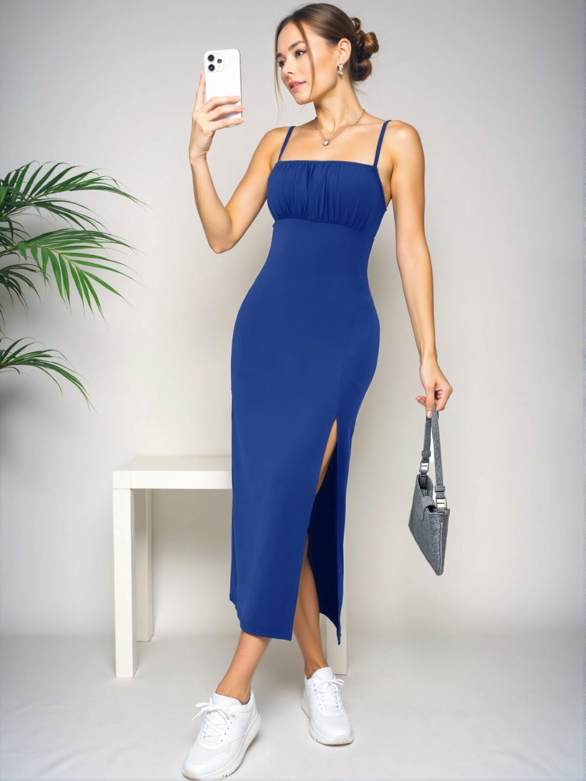 Elegant Royal Blue Casual Midi Spaghetti Strap Dress with Slit Hem for Spring and Summer – Chic, Classy and Trendy Fashion Style to Dress to Impress - Image 4