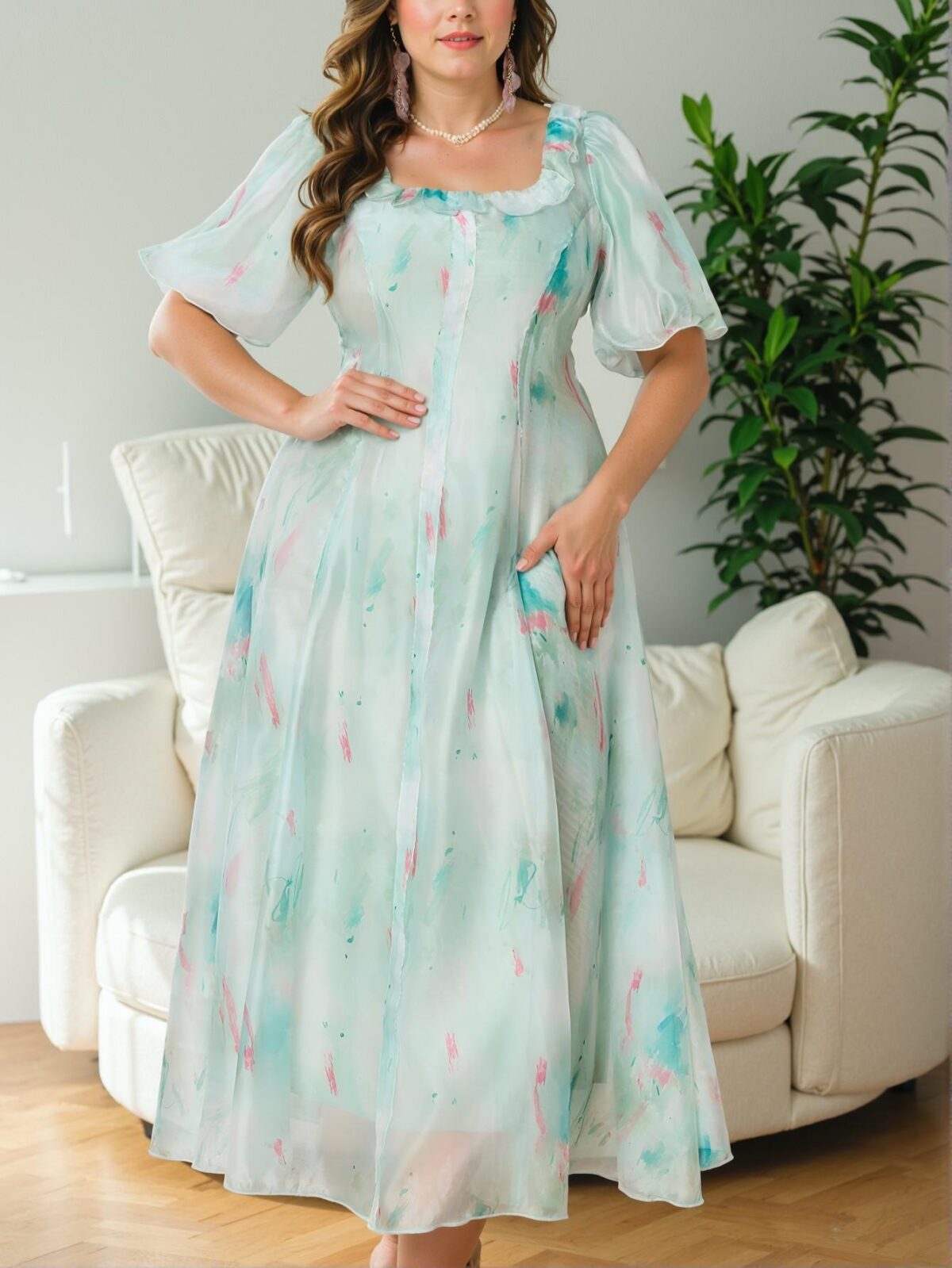 Elegant Mint Green Floral Print Cinched Waist Flare Dress - Chic, Classy and Trendy Fashion Style to Dress to Impress