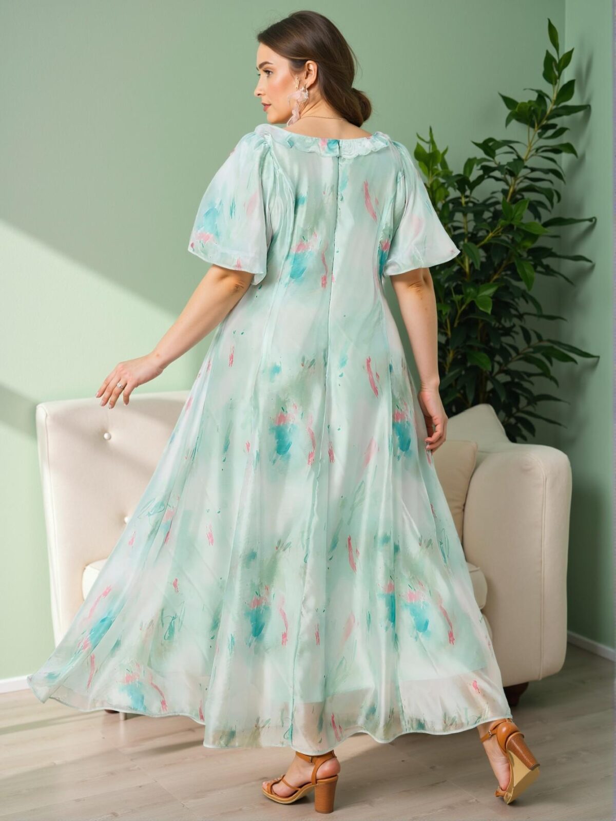 Elegant Mint Green Floral Print Cinched Waist Flare Dress - Chic, Classy and Trendy Fashion Style to Dress to Impress - Image 2